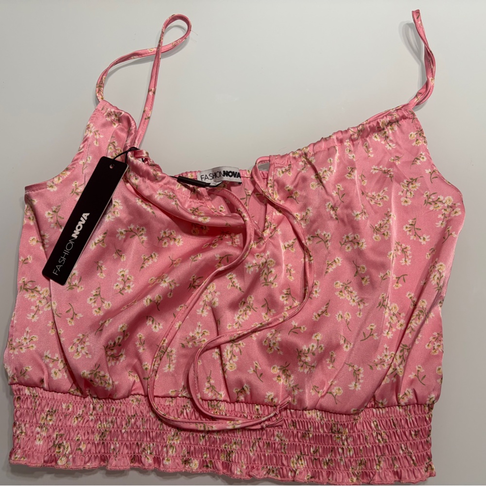 Fashion Nova Pink Floral Tie-Front Smocked Cami - Picture 4 of 7